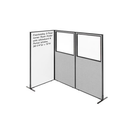 Global Equipment Interion    3-Panel Corner Room Divider with Whiteboard   Partial Window, 36-1/4"W x 72"H, Gray 695184GY